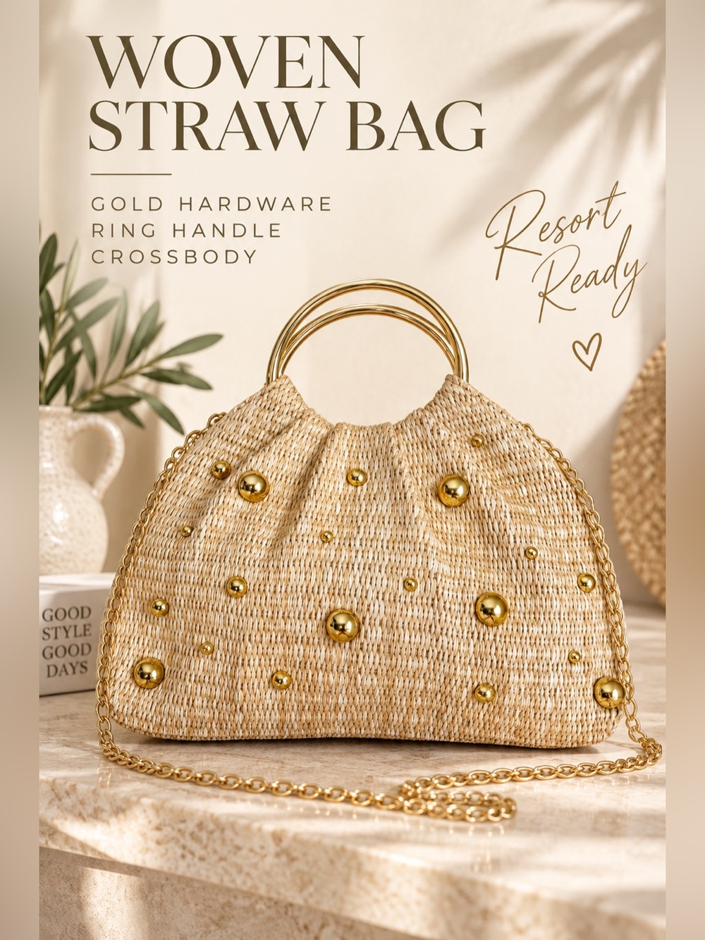 Gold Studded Woven Straw Ring Handle Crossbody Bag NWOT
